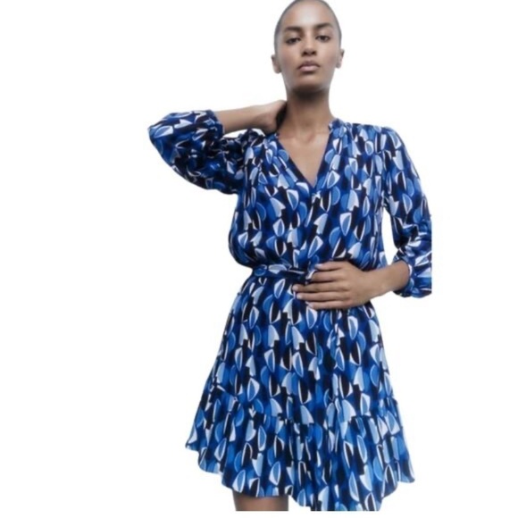 Zara Dresses & Skirts - Zara Blue Geometric Print Ruffle Mini Dress Belted V Neck Long Sleeve XS